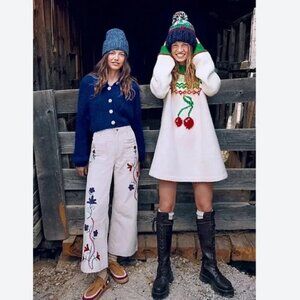 NWOT Free People Cherry Heart Sweater Dress Ivory Green Red Fair Isle